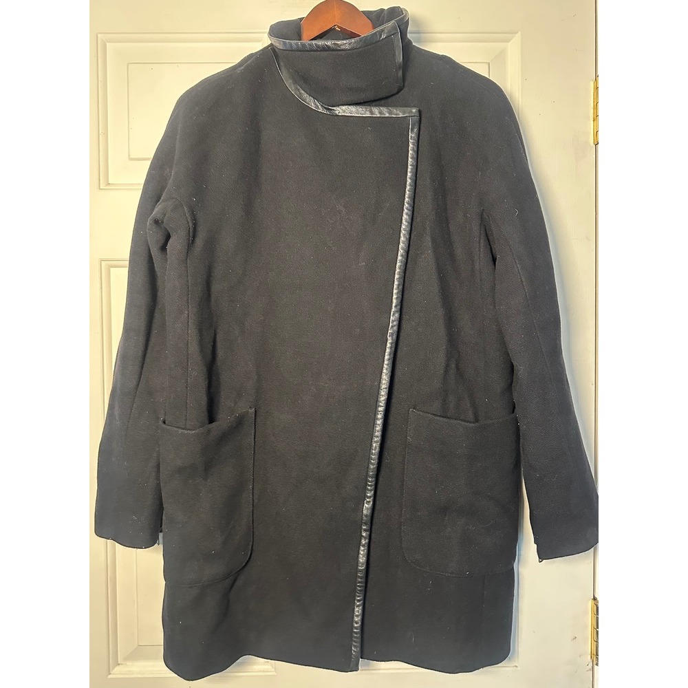 Madewell 6 City Grid Cocoon Coat Black Wool Blend Full Zip Leather Trim Jacket